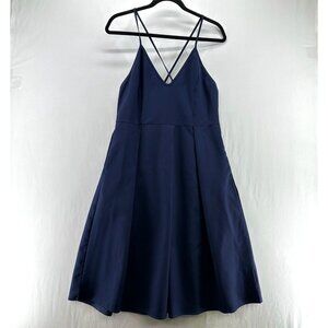 Elia Cher Midi Dress Sz L Pleated V-Neck Adjustable Crossback Strap Pleated Navy